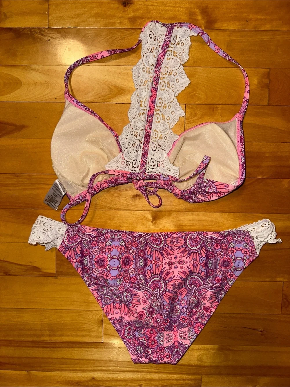 Betsey Johnson Bikini Set Medium Pink Paisley Lace Racerback Halter Swimsuit